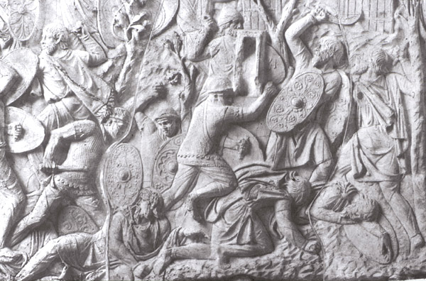 B/w photograph of scene of fighting, from Trajan's Column.