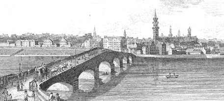 Engraving of bridge leading into Glasgow, 1797.